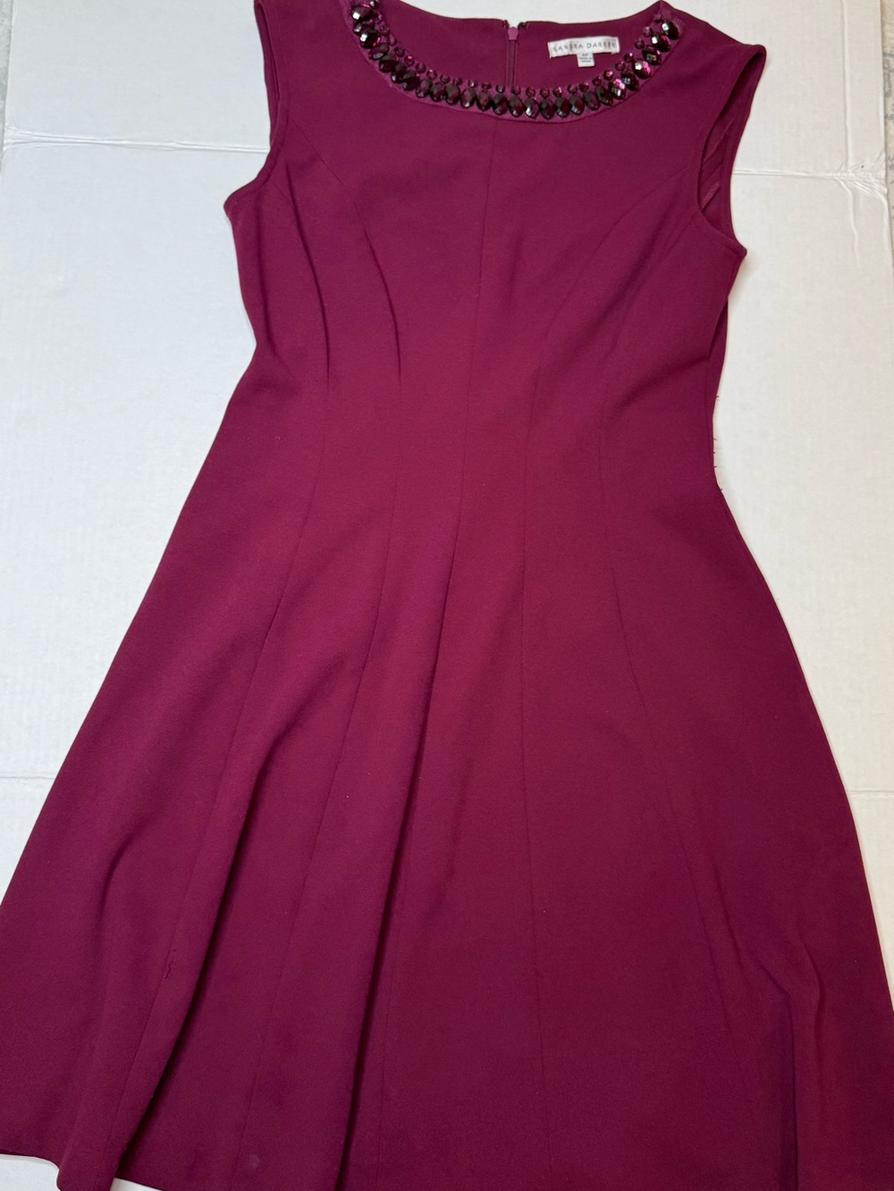 Sandra Darren Purple Petite 4P Sleeveless Round Neck Beaded A-Line Knee Dress